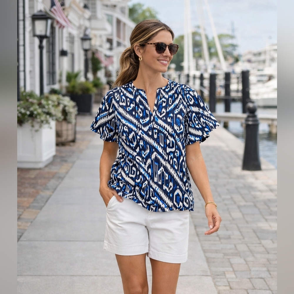 Calessa Blue Ikat Print Blouse L Flutter Sleeve Split Neck NWT
